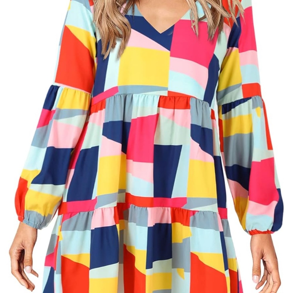 Red and Yellow Tiered Mini Dress with V-Neck